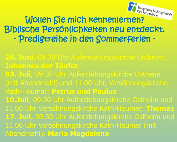 You are currently viewing Predigtreihe in den Sommerferien: “Wollen Sie mich kennenlernen?” Biblische Persönlichkeiten zu Ihren Gedenktagen neu entdeckt